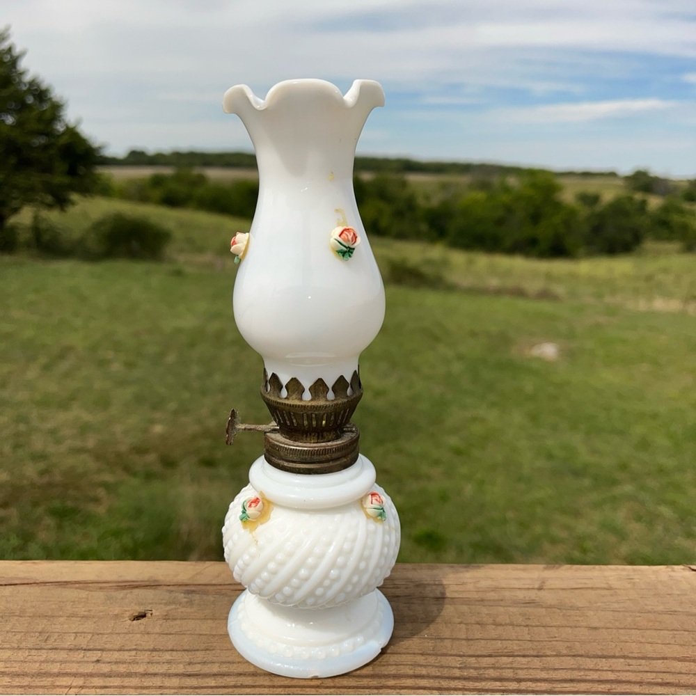 Vintage Miniature 8"  Milk Glass Oil Lamp With Applied Ceramic Pink Roses
